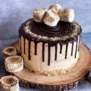 Smores peanut butter cake on a wood cake stand