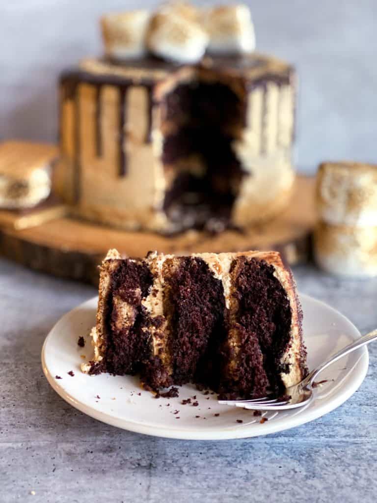 S'mores peanut butter cake with a slice in front of it.