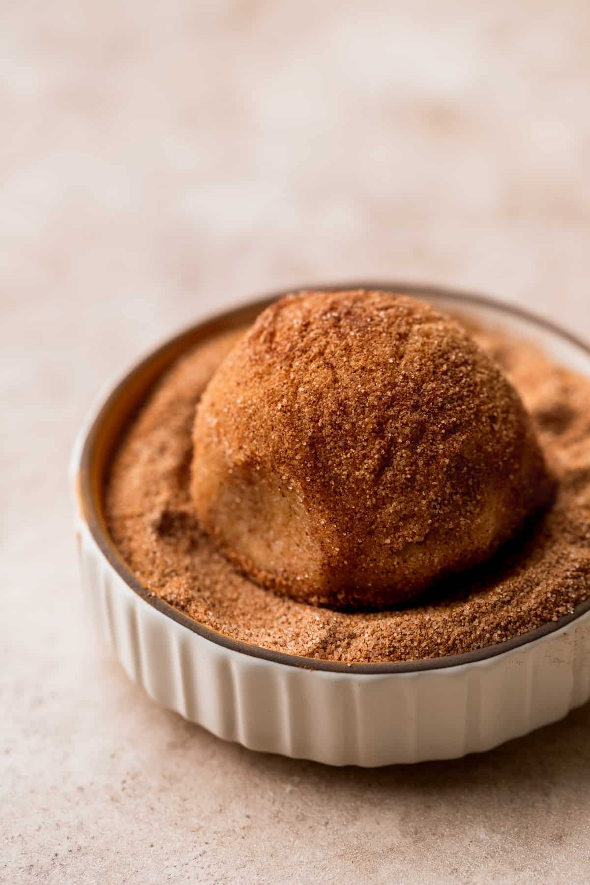Cookie dough ball covered in cinnamon sugar.
