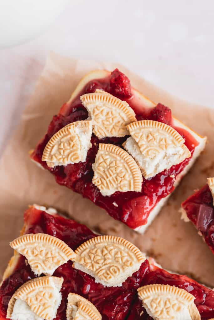 Top view of strawberry cheesecake bars.