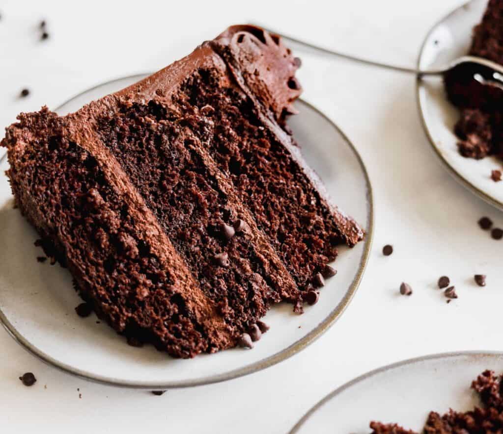 slice of triple chocolate cake that is very rich and easy to make.