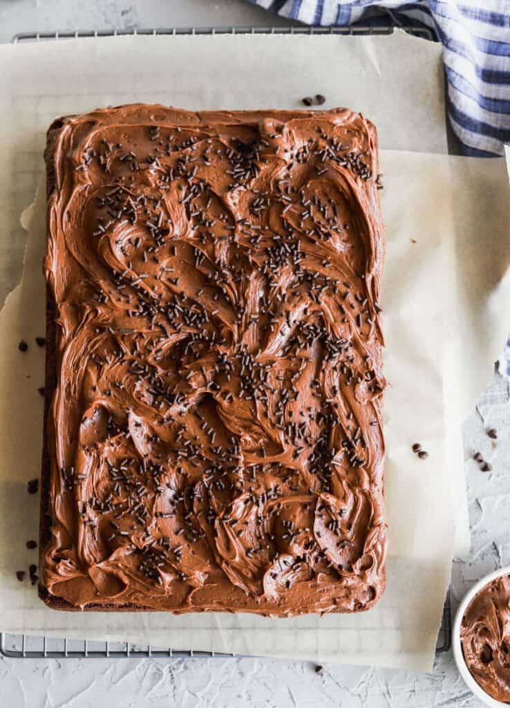 Chocolate chip sheet cake is moist and fluffy and is topped with chocolate cream cheese icing.