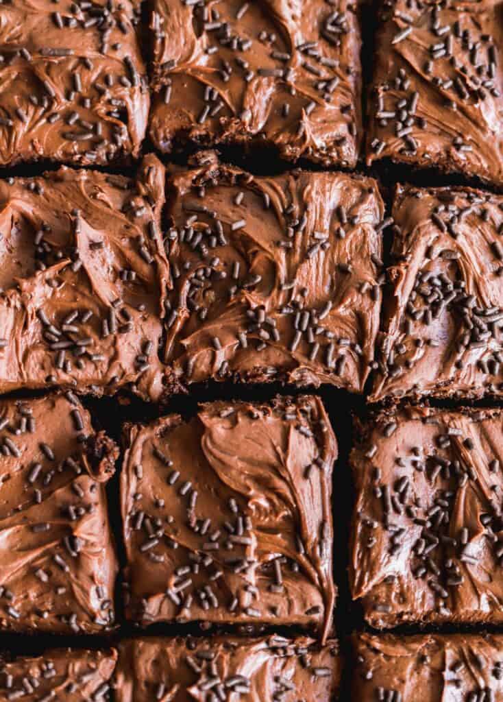 Chocolate chip sheet cake cut into squares with chocolate cream cheese frosting.