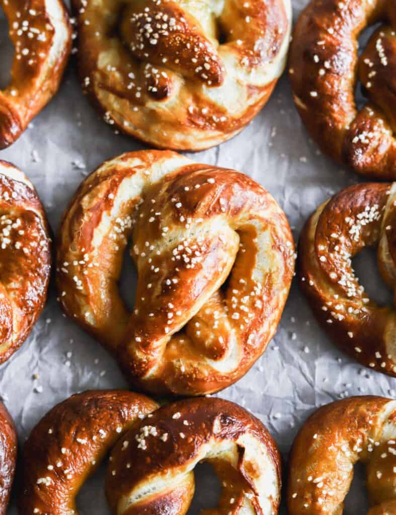 Easy soft buttery pretzels spread out with pretzel soft.
