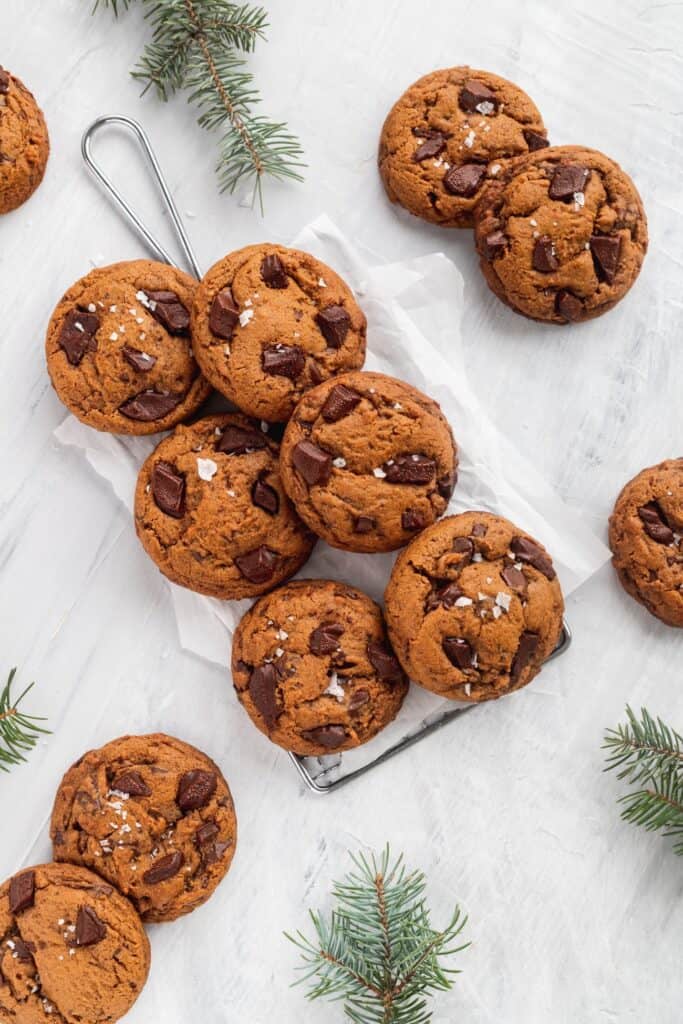 Healthy chocolate gingerbread cookies with chocolate chunks.