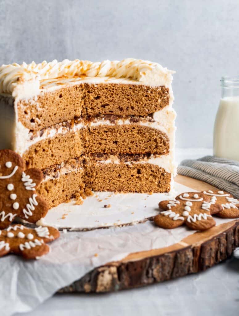 Cut into moist gingerbread cake showing chocolate chip cookie filling.