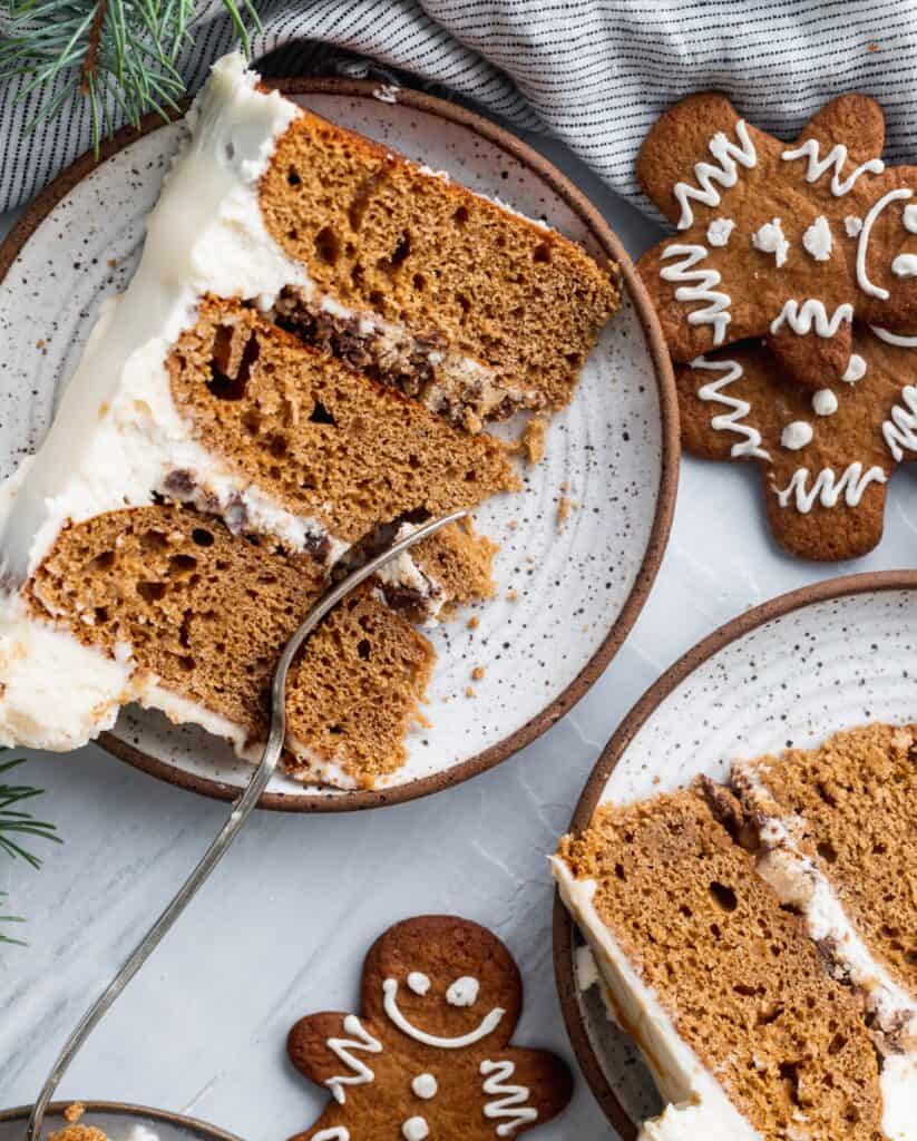 Fork inserted into moist gingerbread cake with salted caramel filling.