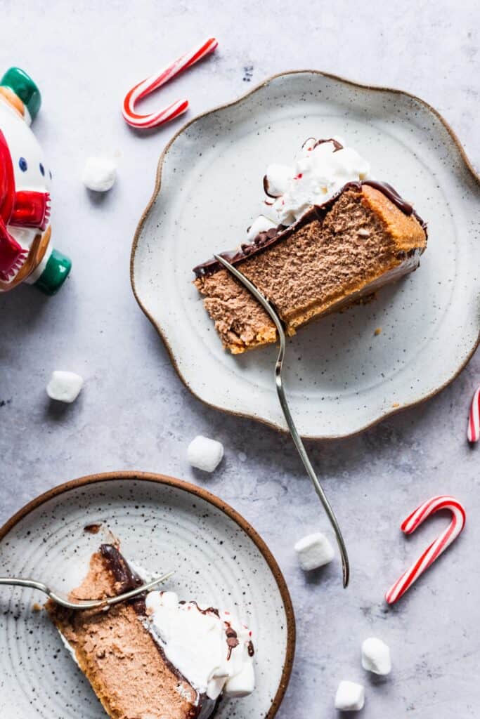 hot chocolate cheesecake on 2 plates with candy canes.