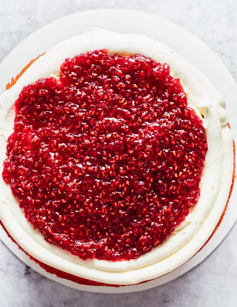 Raspberry jam in a cake layer.
