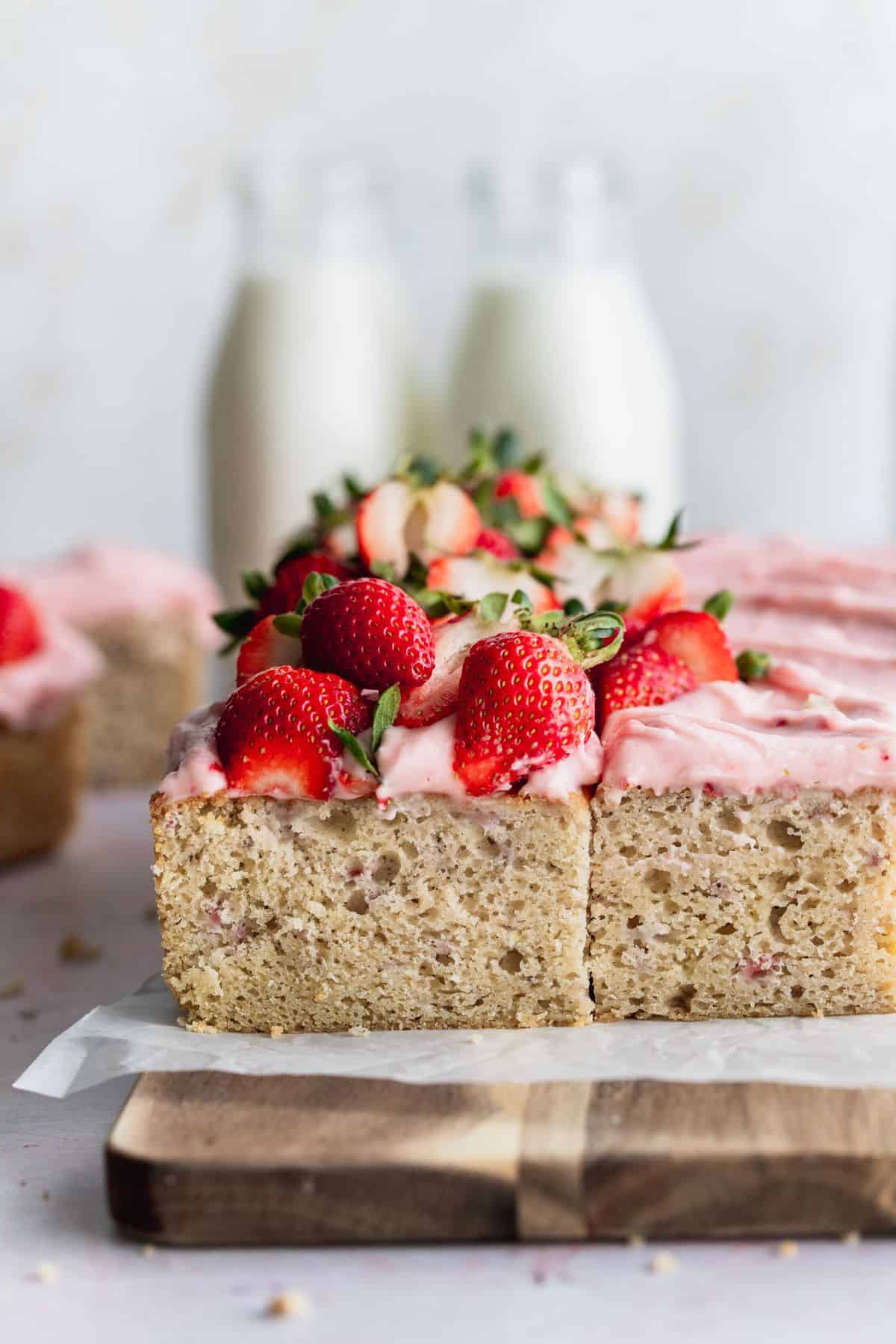 Side view of strawberry sheet cake.