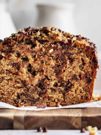 Side view of walnut chocolate chip banana bread.