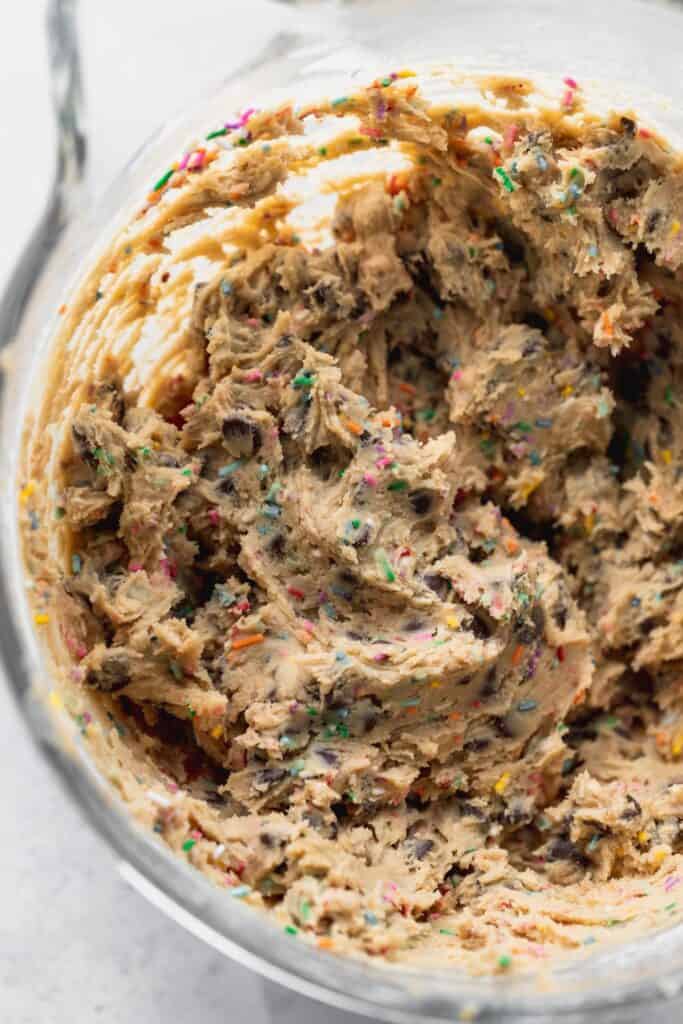 Cookie dough in a glass bowl.