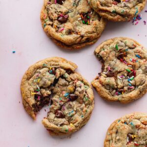 Close up of sprinkle chocolate chip cookies.