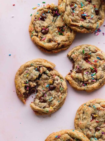 Close up of sprinkle chocolate chip cookies.