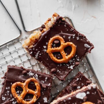 Close up of chocolate covered rice krispie treats.