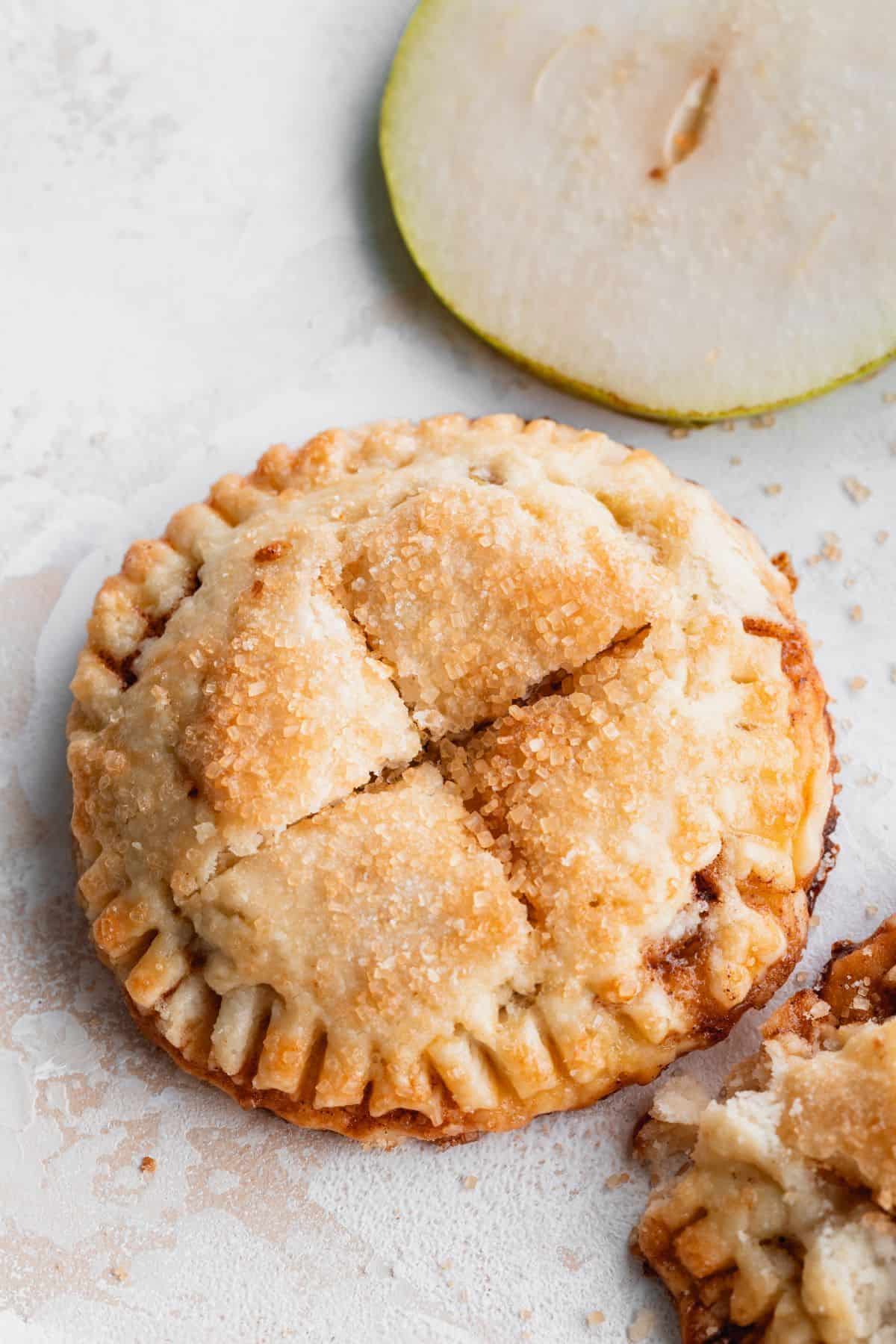 Close up of butterscotch pear turnover.