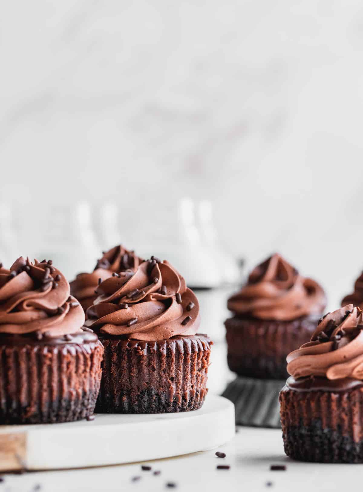 Mini chocolate cheesecakes on a platter.