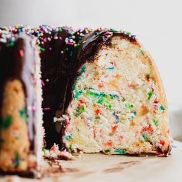 Side view of confetti bundt cake.