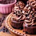 Side view of mini chocolate cheesecakes.