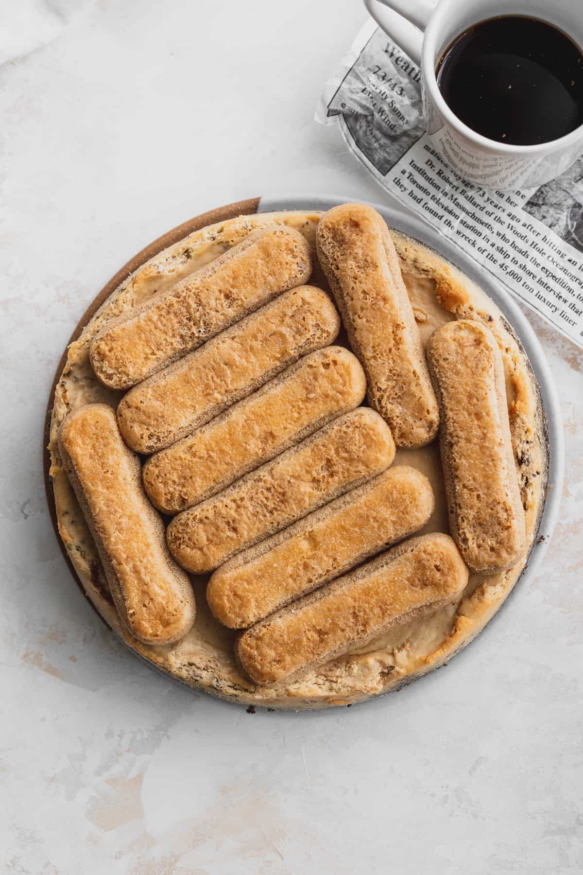 Espresso soaked lady fingers on top of cheesecake.