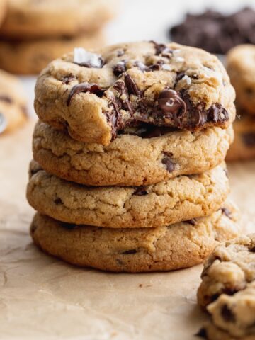 stack of brown butter chocolate chip cookies.