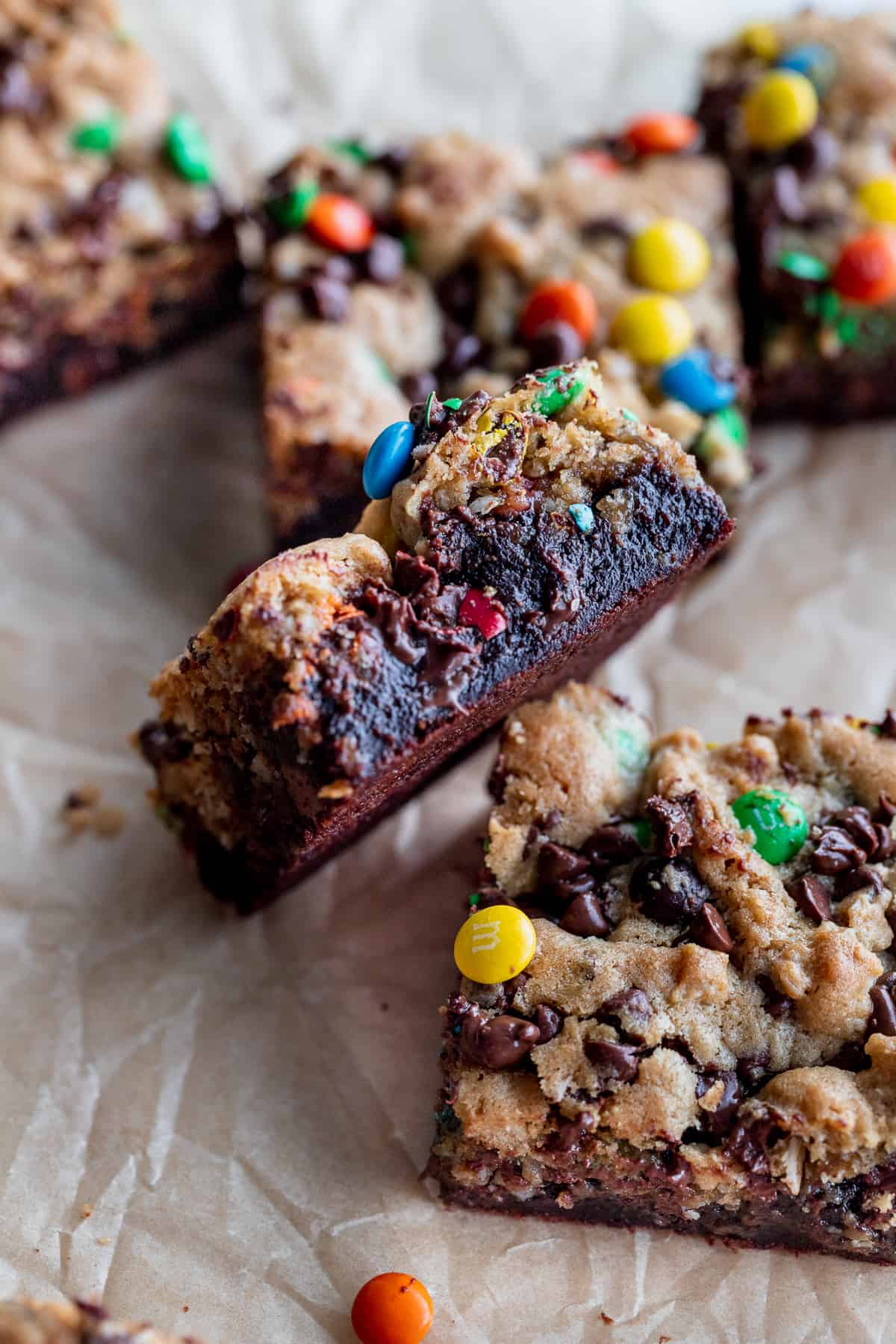 Side view of monster cookie fudgy brownies.