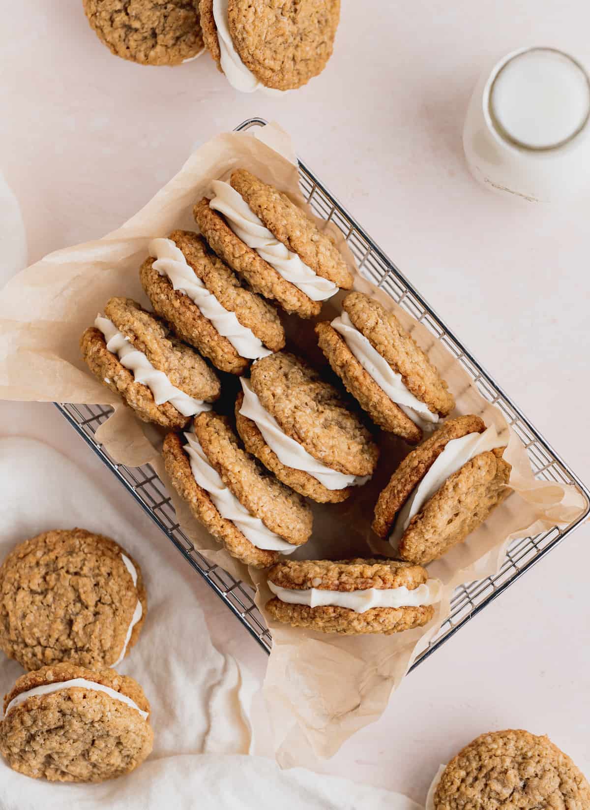 Oatmeal cream pies in a wire basket.
