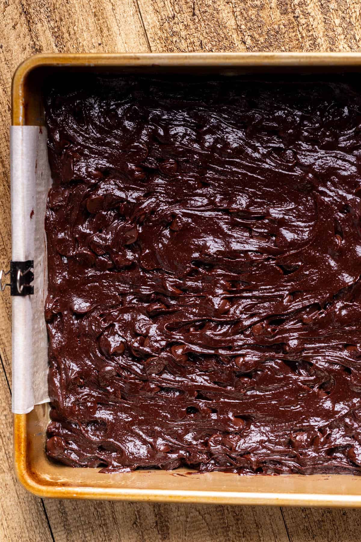 Brownie batter in the pan.