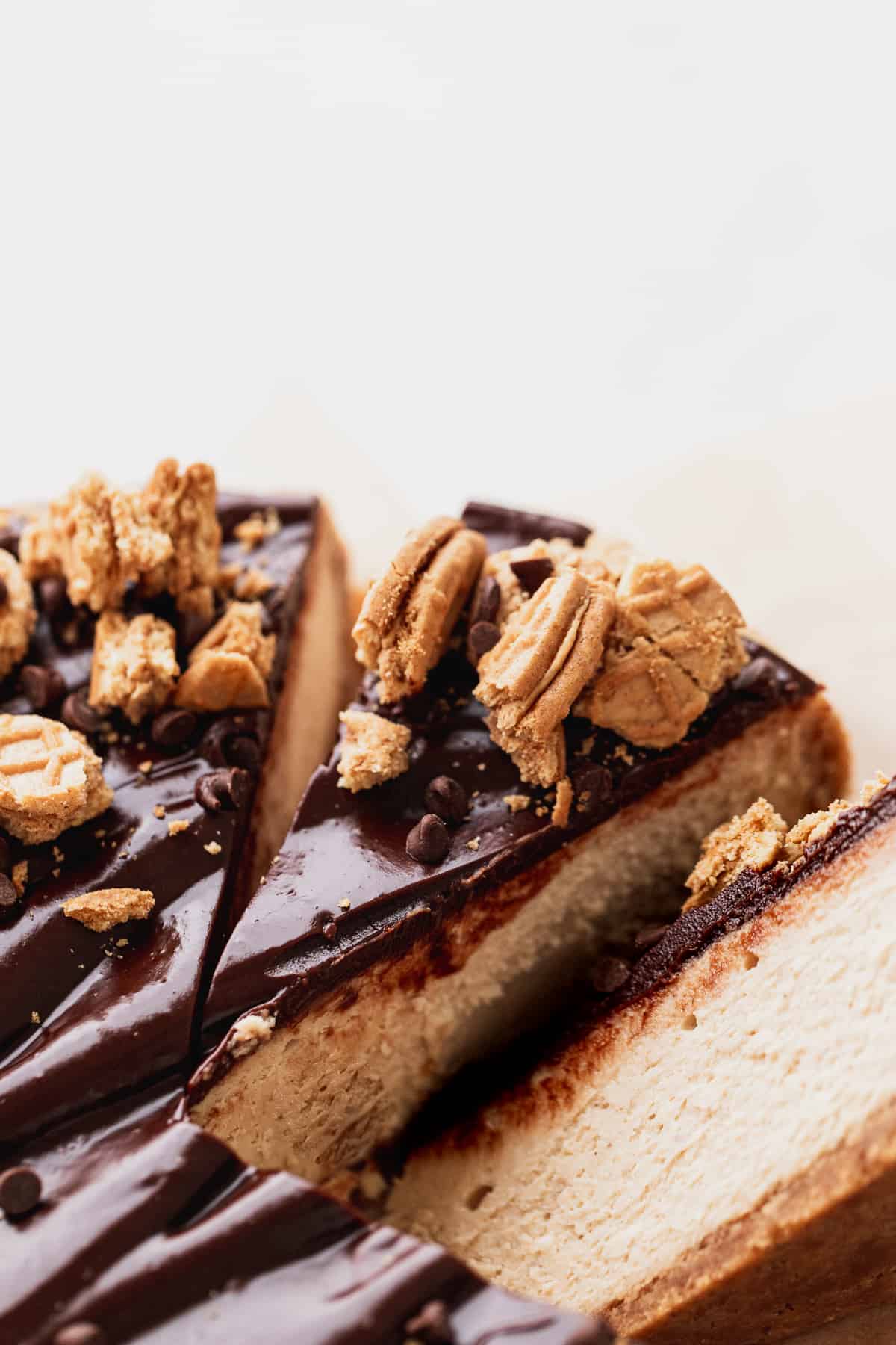 Close up of slice of peanut butter cheesecake.