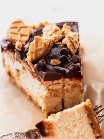 Slice of peanut butter cheesecake with a bite missing.