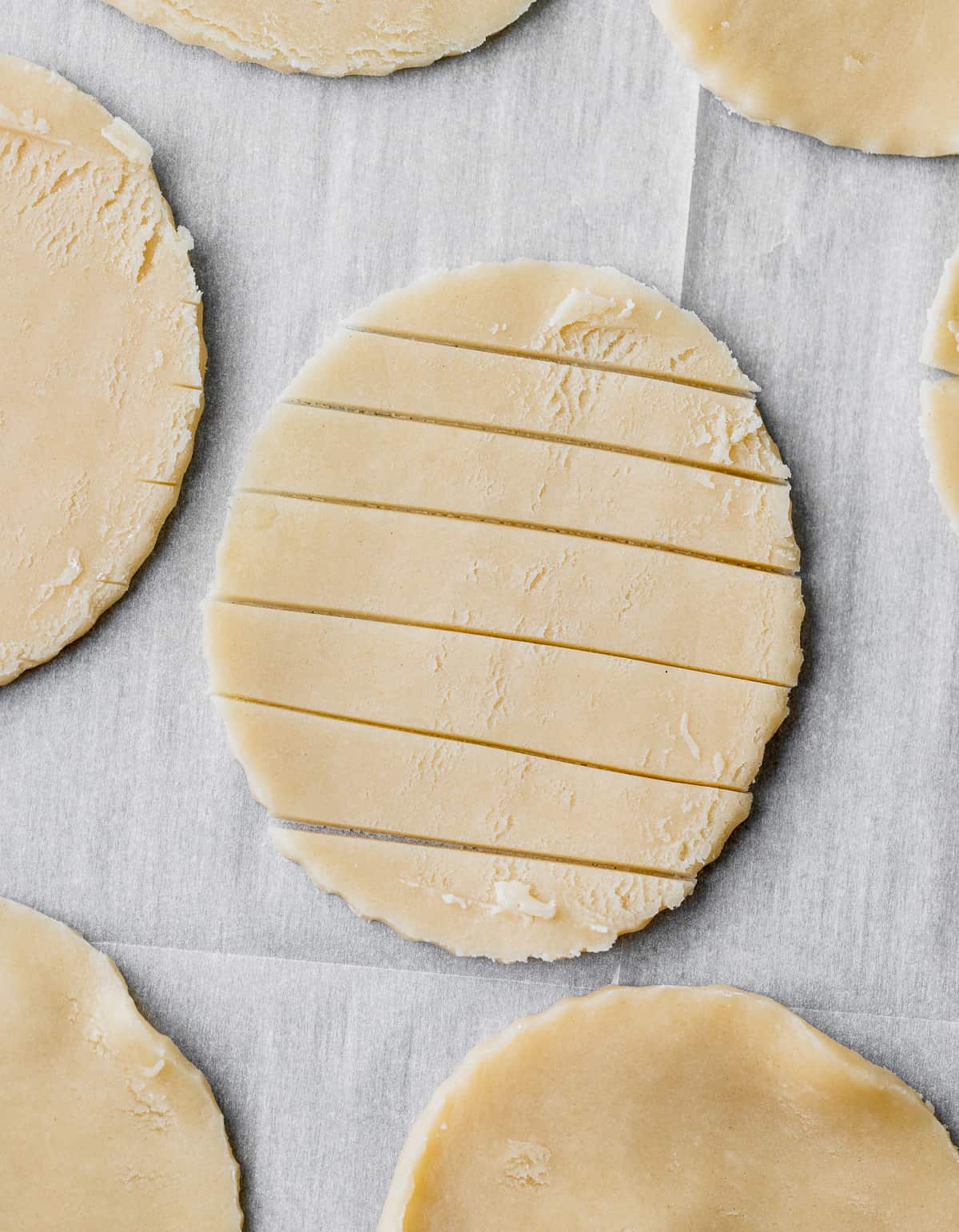 Dough circle cut into strips.