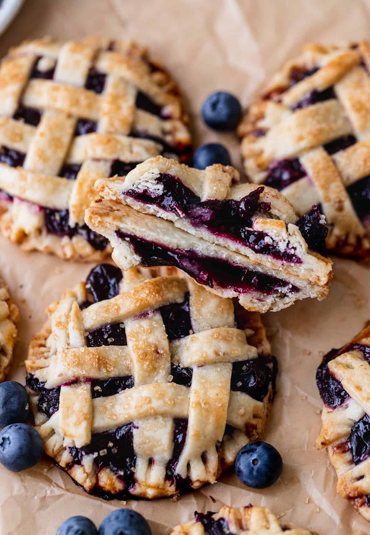 Pie cut in half to show the filling.