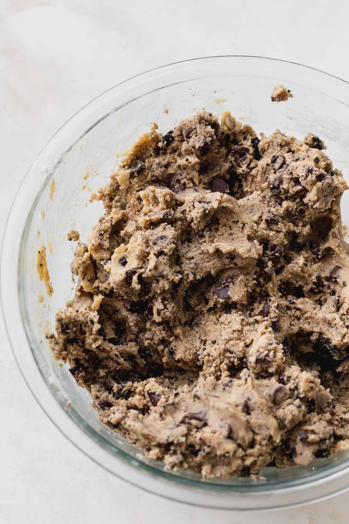 Cookie dough in a glass bowl.