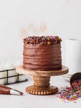Mini layered cake on a cake stand.