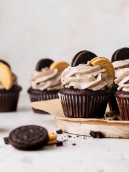 Oreo cupcakes on wood board