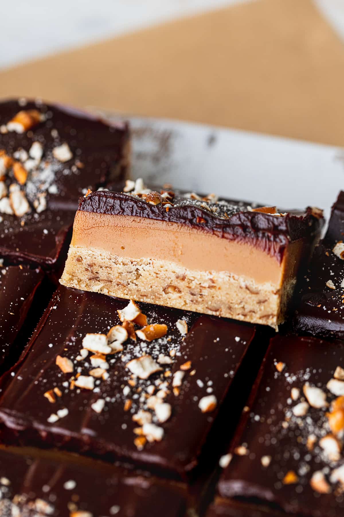 Pretzel millionaire shortbread with the side pointing up.