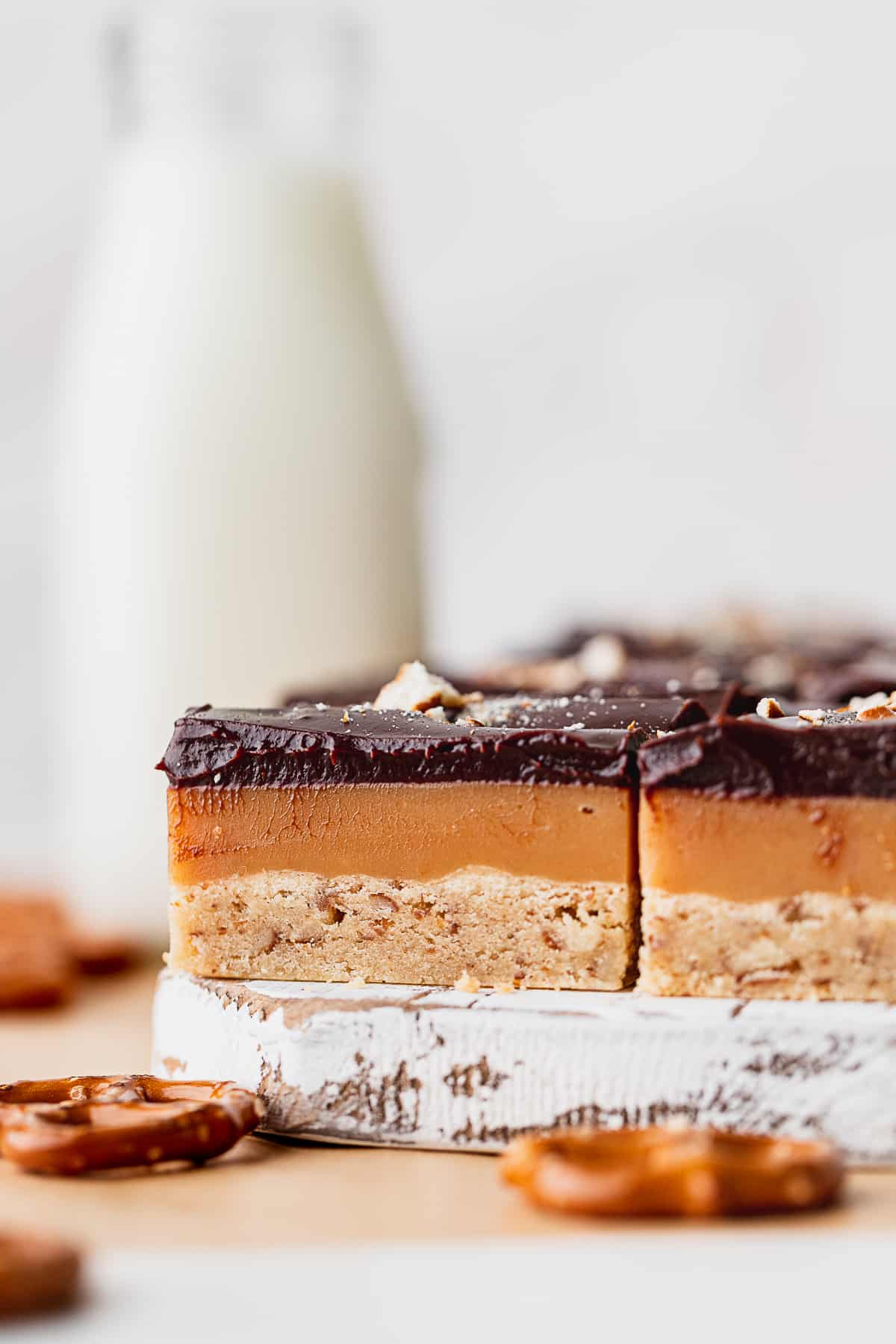 side view of Pretzel millionaire shortbread.
