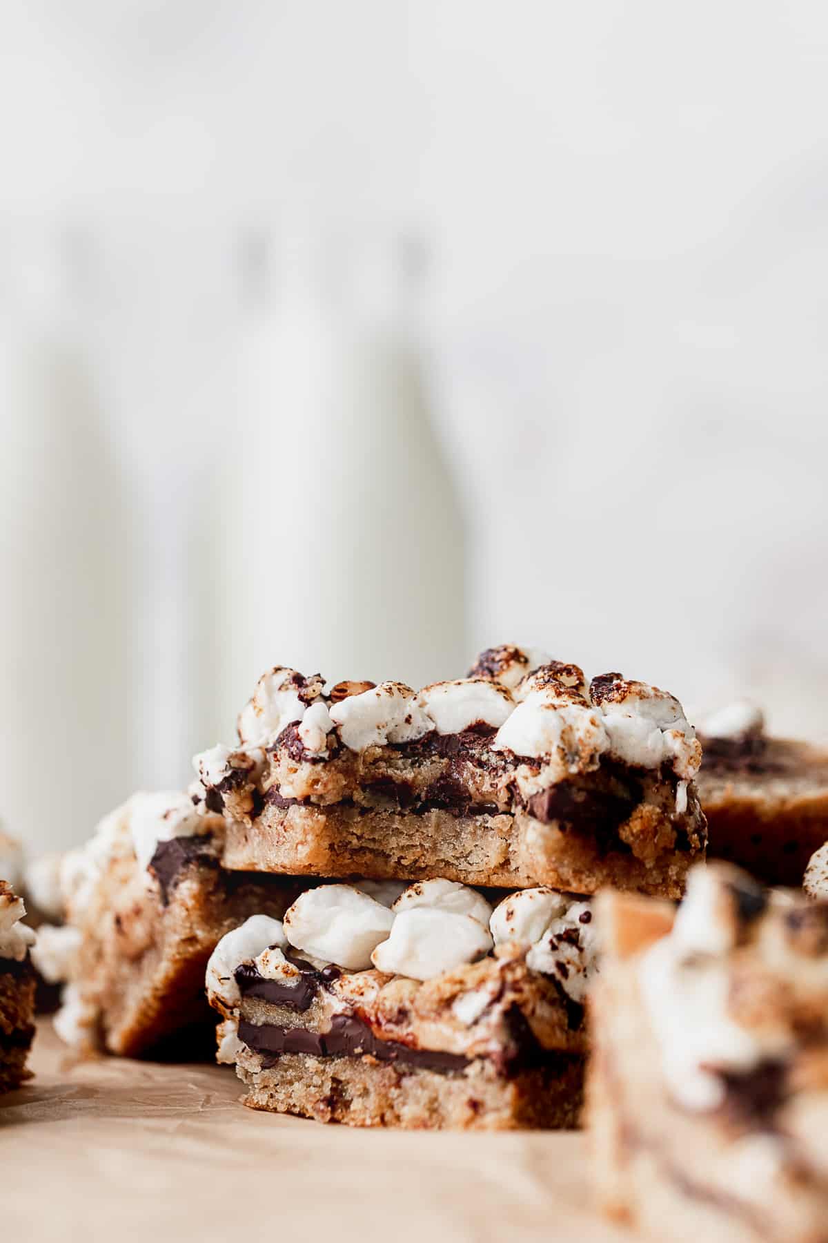 Stack of s'more cookie bars.