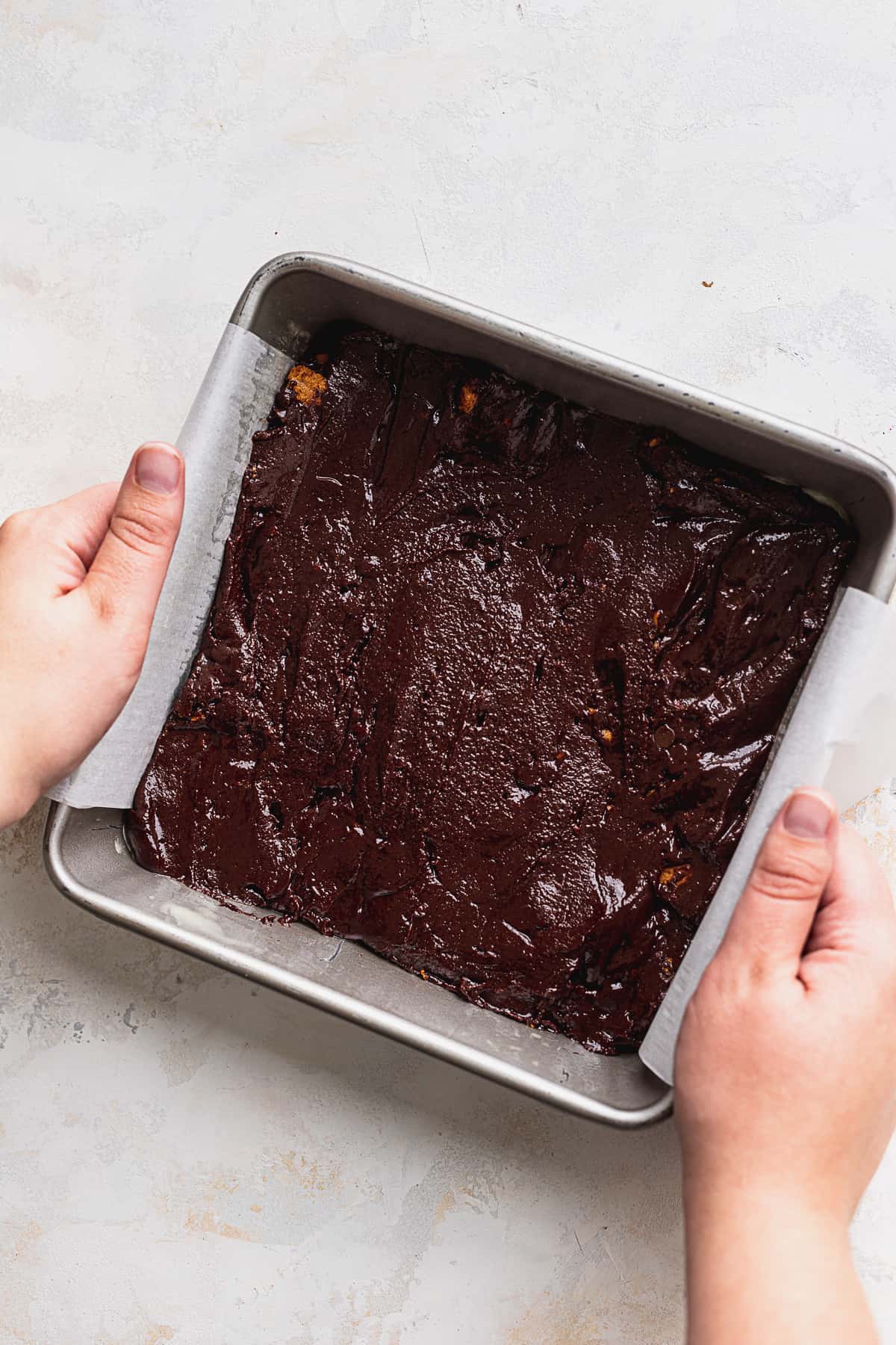 Brownie batter in pan.