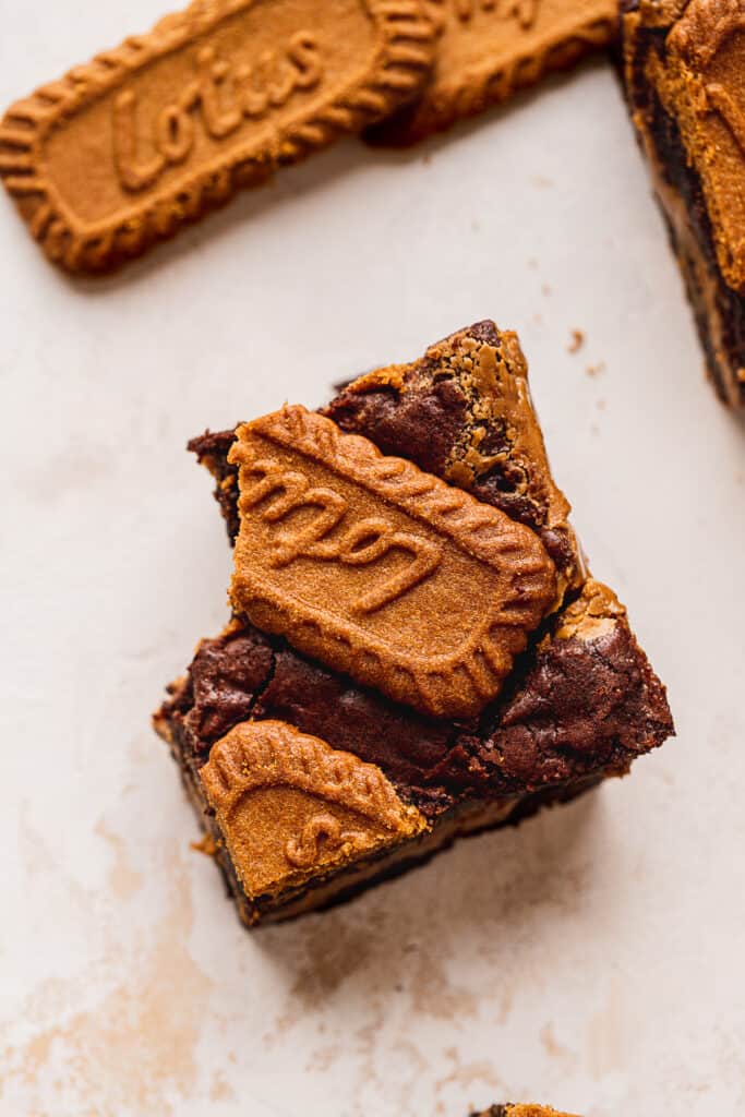 A bite missing from biscoff brownie.