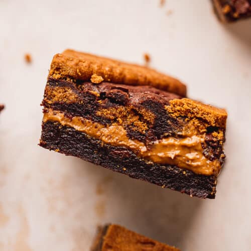 Close up of side shot of biscoff brownies.