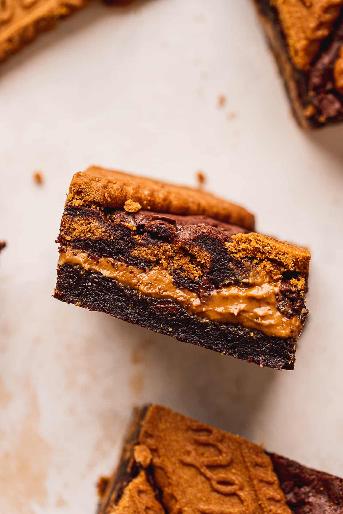 Close up of side shot of biscoff brownies.