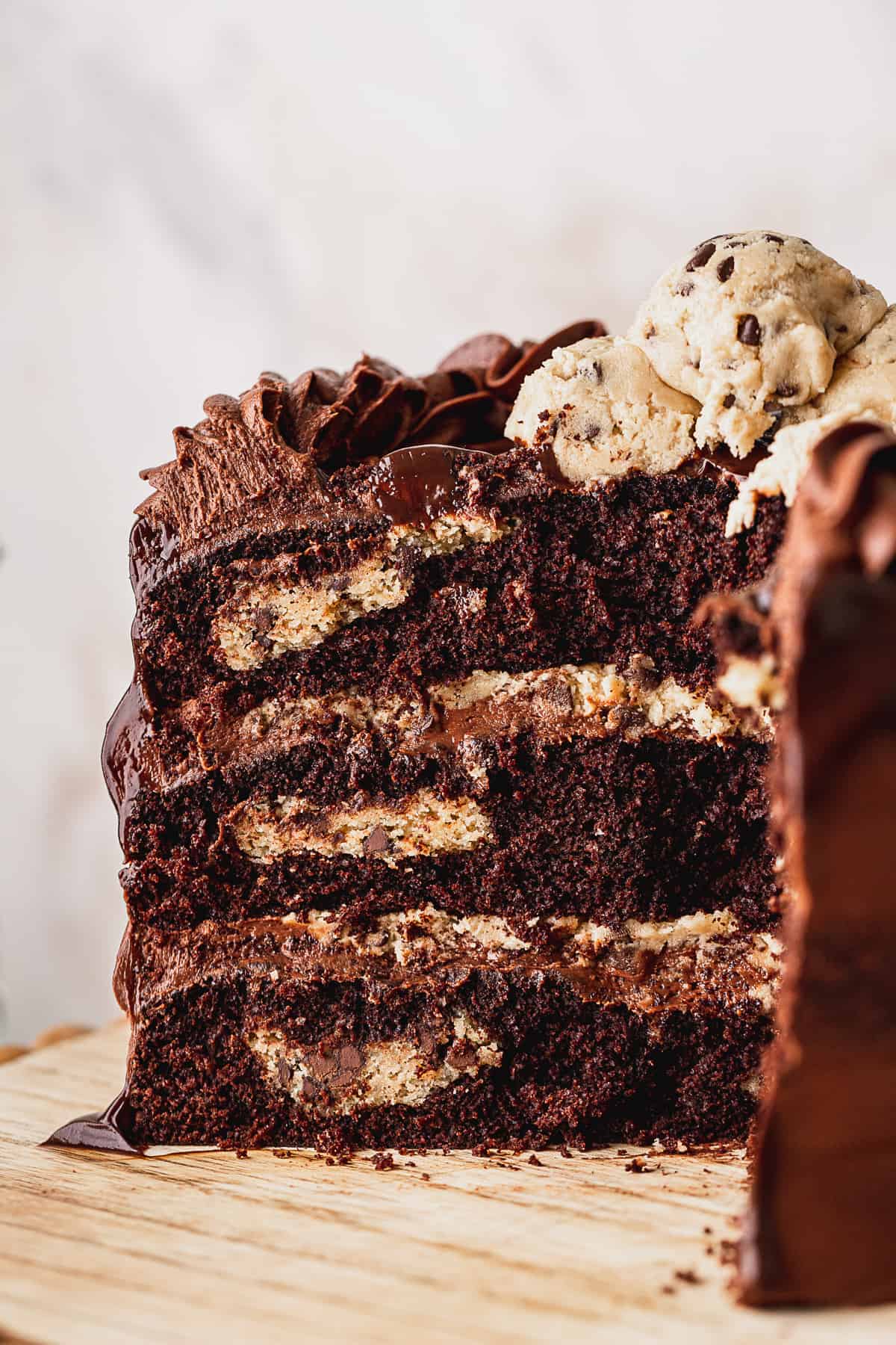 Close up of inside of chocolate brownie cookie cake.