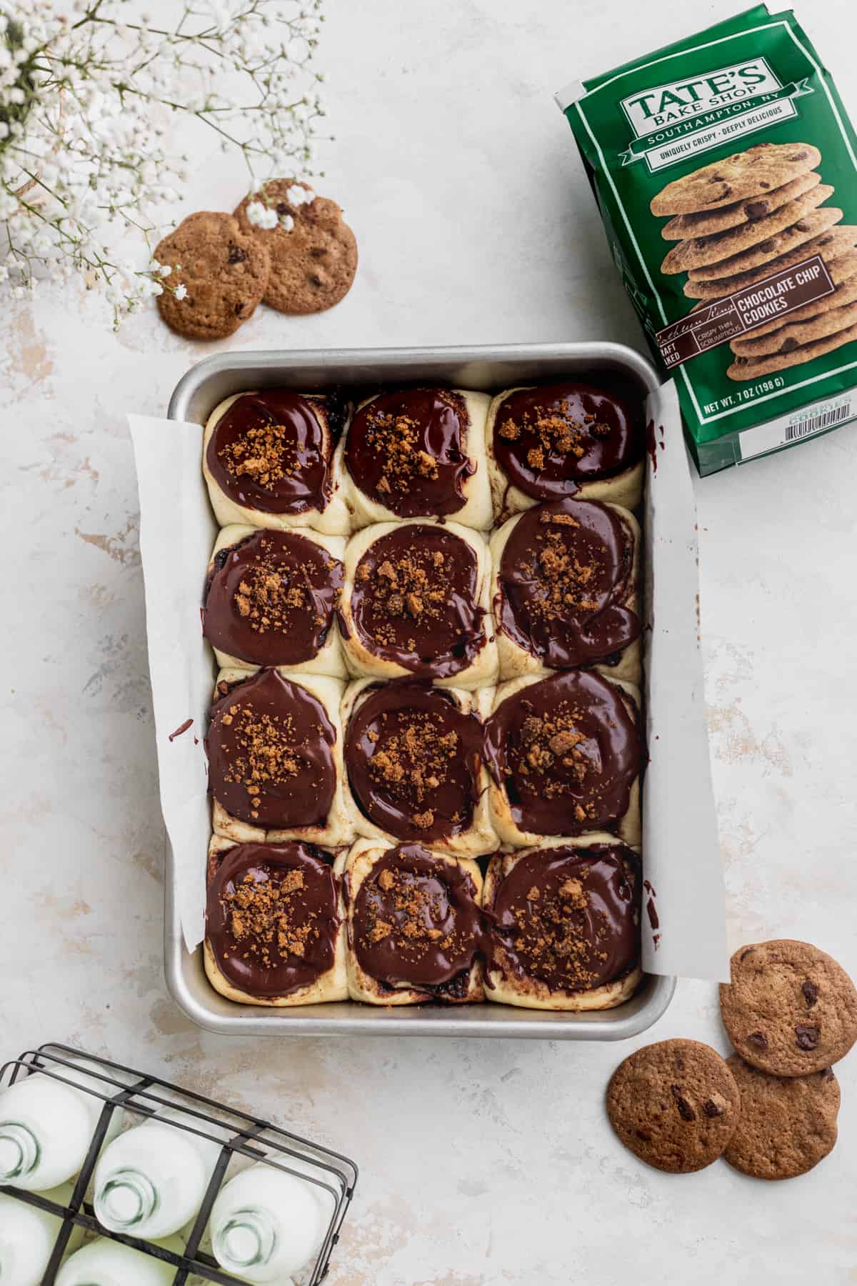 Chocolate cookie cinnamon rolls in the pan.