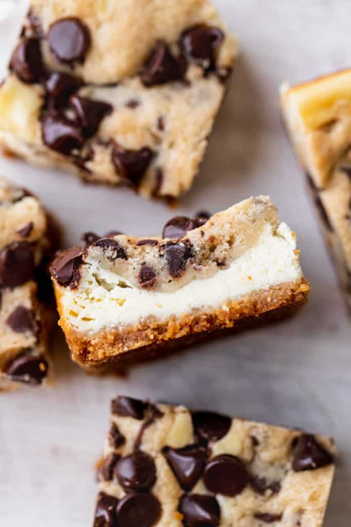 Side view of Cookie Dough Cheesecake Bars