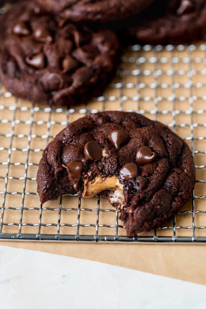 Bite missing from Chocolate peanut butter stuffed cookies.
