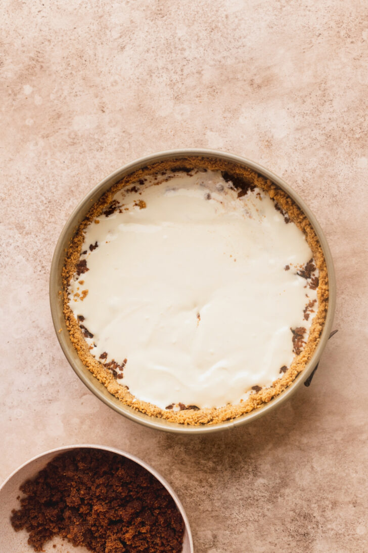 Cheesecake batter in the pan.