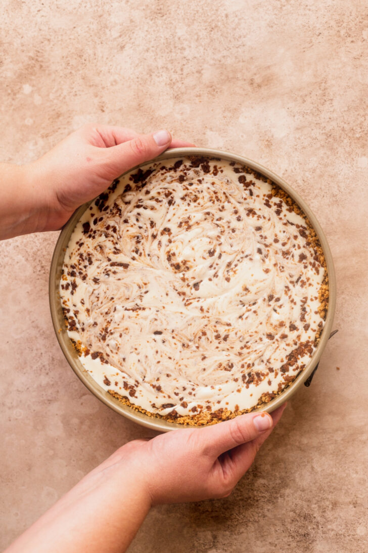 Raw cheesecake batter in the pan.