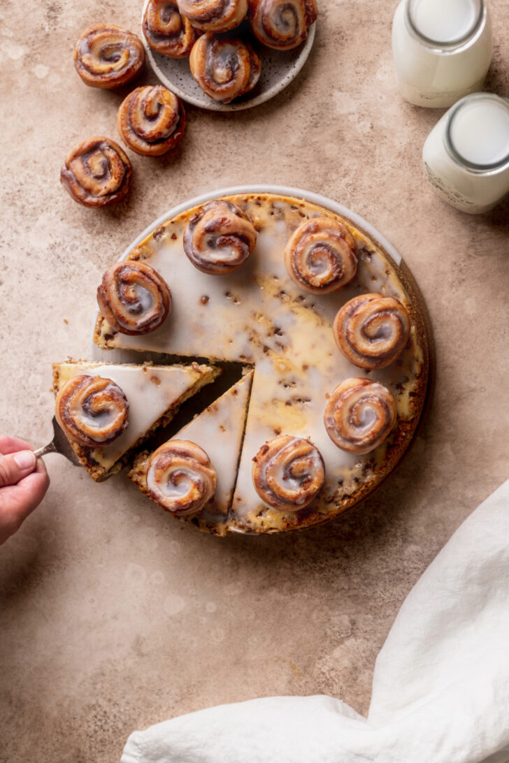 Top view of cinnamon roll cheesecake.