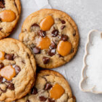 Top view of caramel chocolate chip cookies.